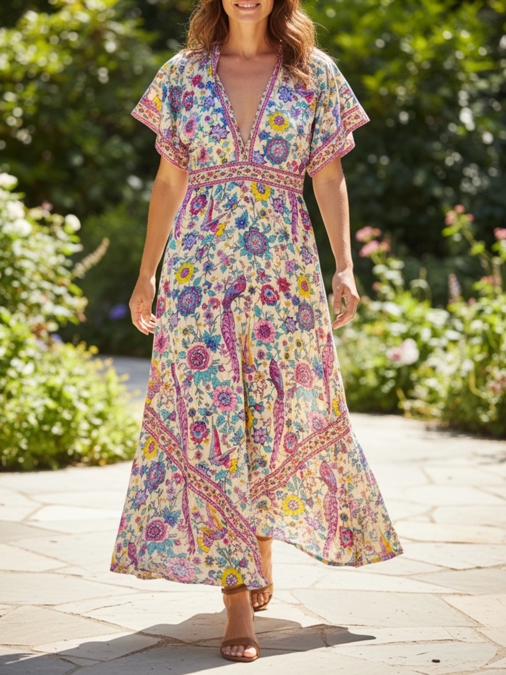 NWT Paani Boho Floral V-Neck Maxi Dress in Cream and Pink Size S